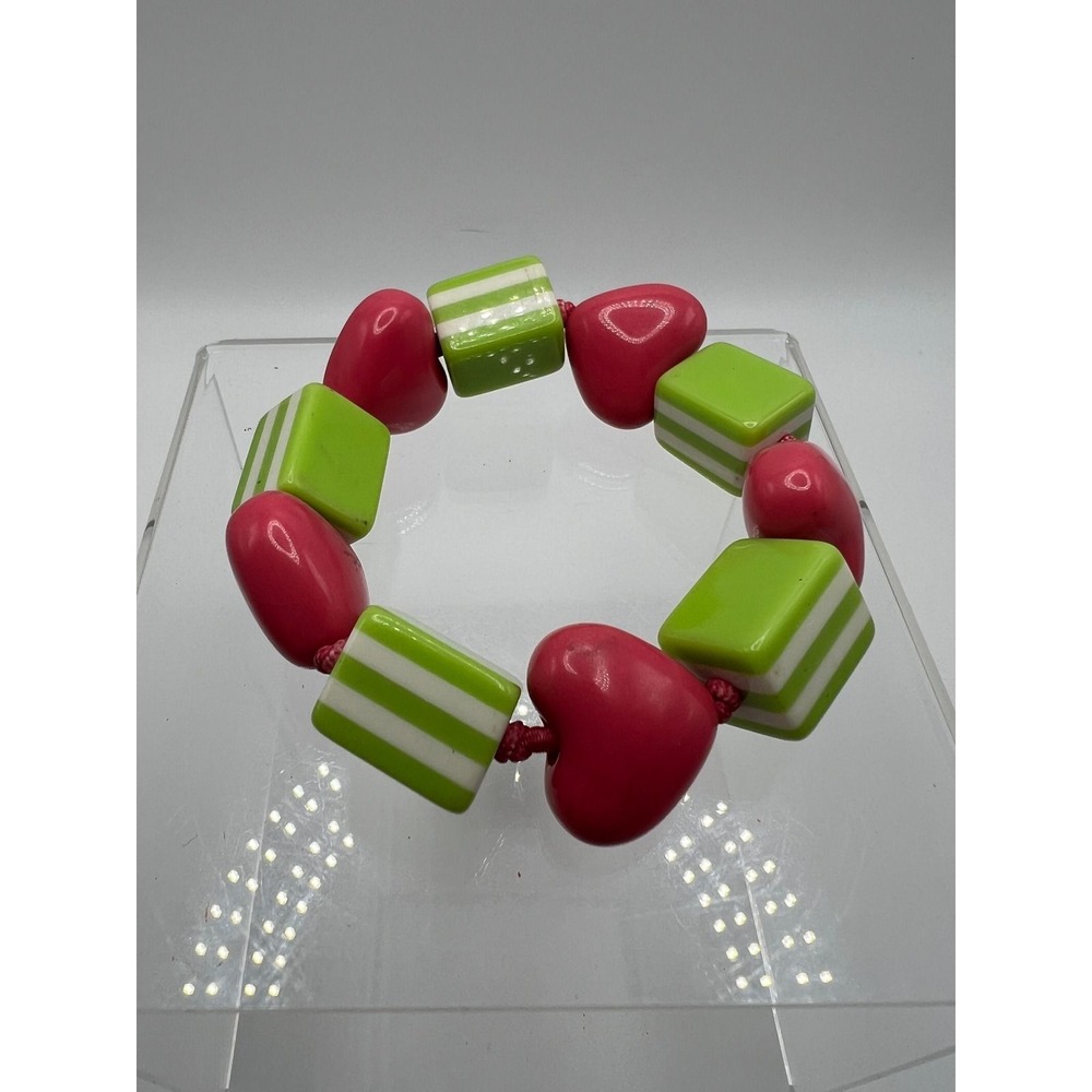 Heart Square Stretch Bracelet Y2K Kidcore‎ Whimsical Pink Green Acrylic 6.5in